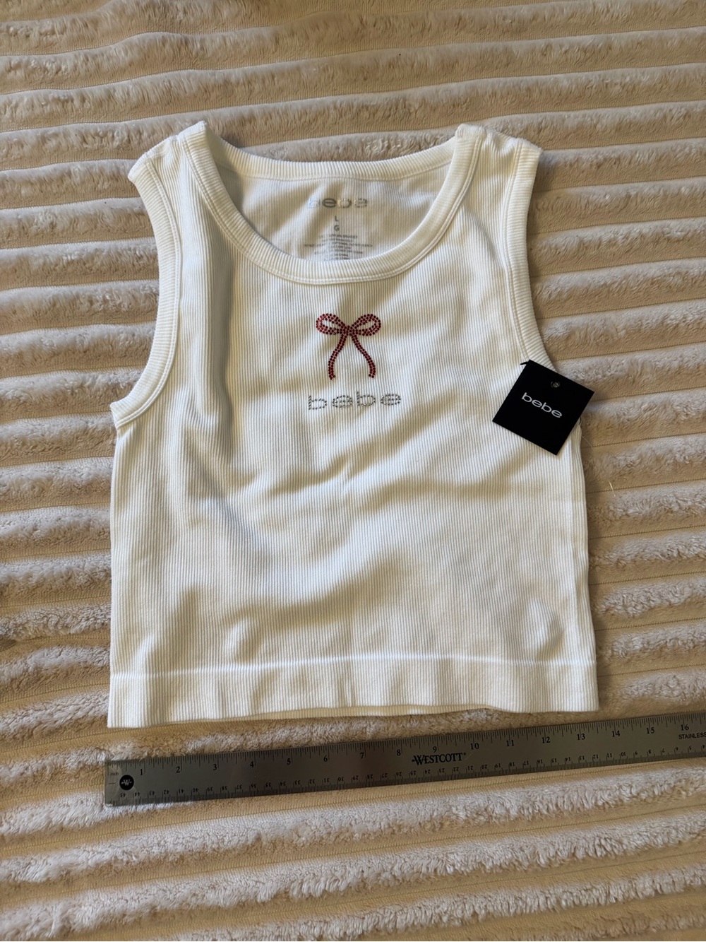 bebe White Ribbed Tank with Pink Rhinestone Bow Accent